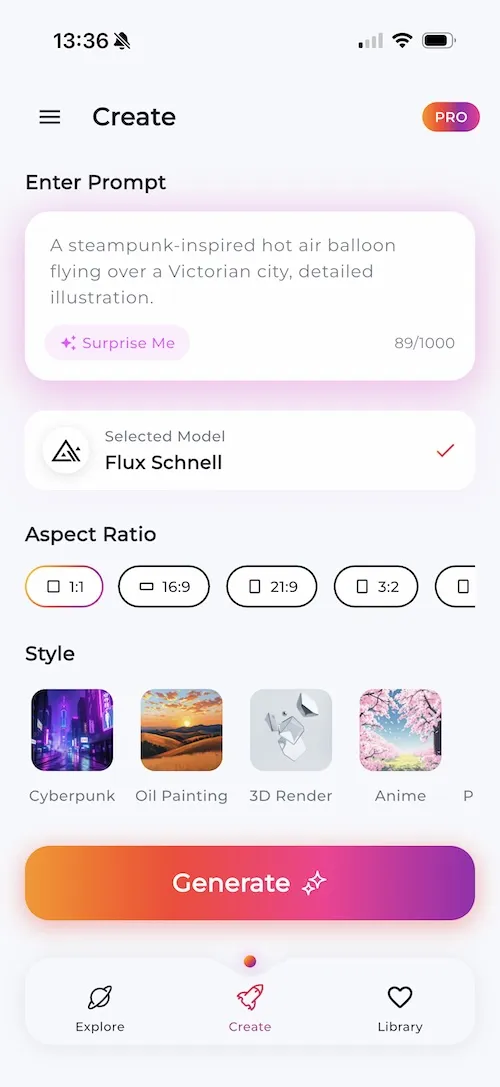 LUNA AI Art Generator app showing the create screen with text prompt, AI model selection, aspect ratio options, and art styles like Cyberpunk, Oil Painting, 3D Render, and Anime