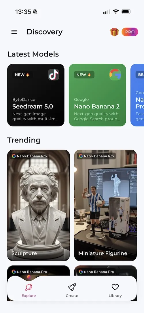 LUNA AI Art Generator Discovery screen showing latest AI models like Seedream 5.0 and Nano Banana 2, trending AI-generated artwork including sculptures and miniature figurines